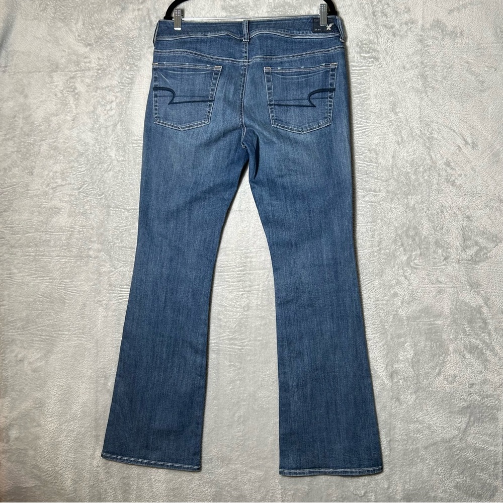 American Eagle Kick Boot Jeans Womens 14 X Long Dark Blue Denim Stretch Distress - Picture 13 of 14